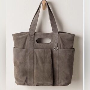 Free People Suede Caravan Tote Bag in Charcoal Grey Suede Leather